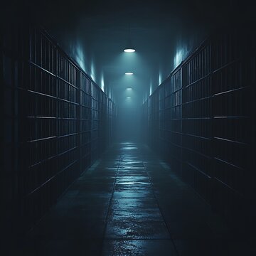 Dark prison hallway showing the damp tiled floor with lights