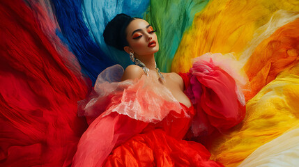woman vibrant, colorful dress poses dramatically, surrounded by flowing fabric bold hues. Her makeup is striking, with vivid eye shadow and red lipstick, complementing artistic and high fashion