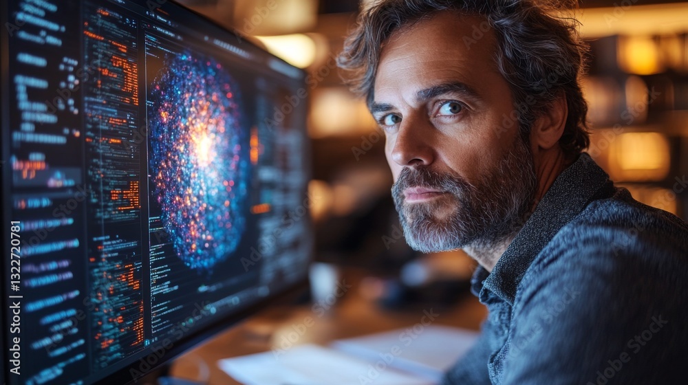 Leinwandbilder A researcher examines quantum algorithms displayed on a screen in a contemporary office setting. The environment suggests a focus on quantum computing and data optimization methods.