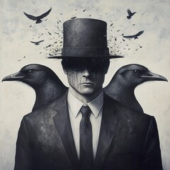 Mysterious Man in Top Hat with Crows: A Dark Surrealist Masterpiece