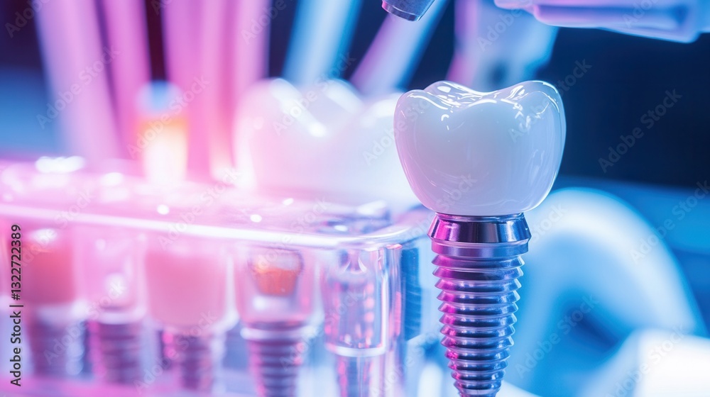 Aufkleber robotic arm skillfully handles a titanium dental implant in a futuristic laboratory setting with adv