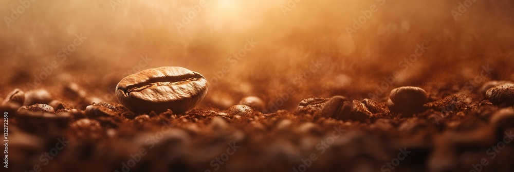 Poster close-up texture of roasted coffee beans with a standout bean in warm brown tones creating a cozy at