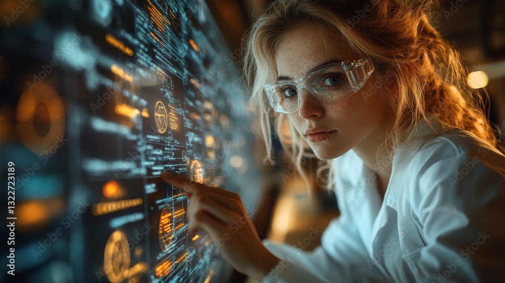 Aufkleber A scientist engages with a digital interface displaying complex quantum mechanics data, focusing on simulations of qubits and entanglement effects in a laboratory setting.