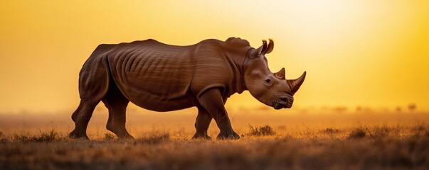 Fototapeta premium An African rhinoceros walks across a grassy plain during the golden hour
