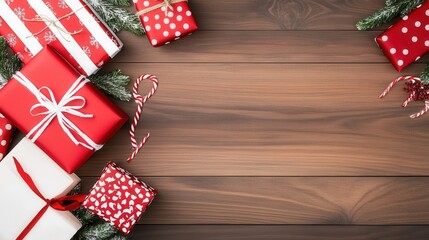 Obraz premium Festive Arrangement of Red and White Christmas Gifts with Candy Canes on Wooden Background