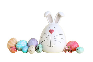 PNG, Easter, set of painted Easter eggs with rabbit, isolated on white background