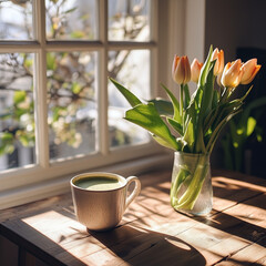 cup of coffee and flowers