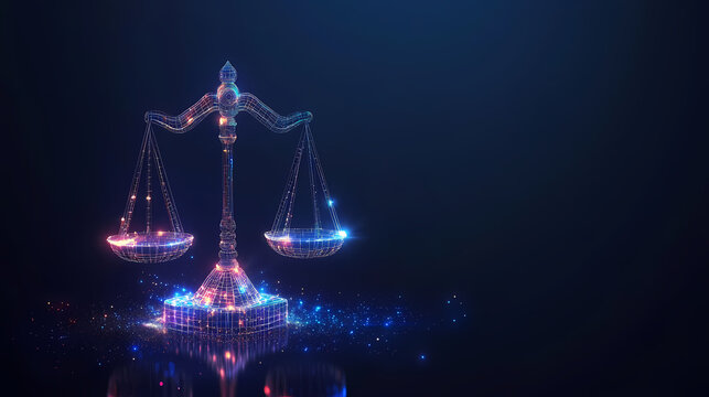 Justice in the Digital Age: A luminous, low-poly rendition of the scales of justice glows against a dark backdrop, representing the balance of law and ethics in the digital realm.