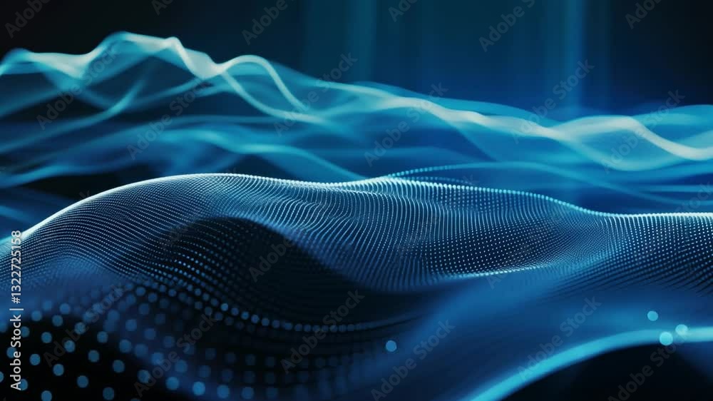 Poster digital abstract wave pattern with glowing blue lines and dots creates futuristic and dynamic visual