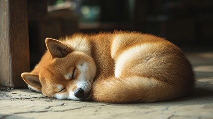 A cute dog curled up on the floor sleeping soundly
