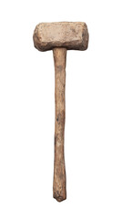 A wooden mallet with a cylindrical head, characterized by its sturdy handle and simple design, suitable for striking.