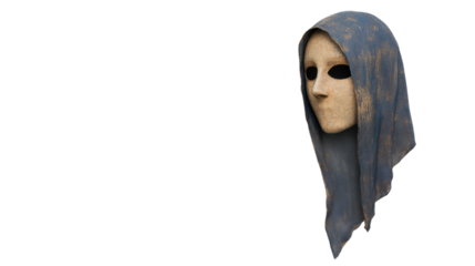 A mysterious mask with an elongated face, covered by a draped hood, featuring dark eye sockets and a serene expression.