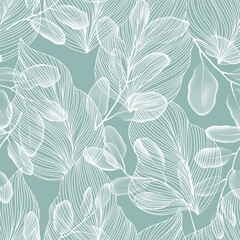 Floral seamless pattern features eucalyptus leaves and line leaves in white on a solid teal background, creating a light and airy design