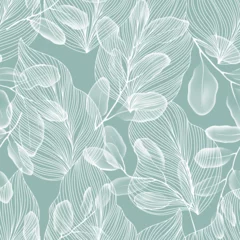 Fototapeten Floral seamless pattern features eucalyptus leaves and line leaves in white on a solid teal background, creating a light and airy design © momosama