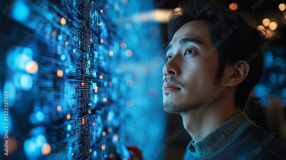 Poster Person using a quantum computing terminal in a high-tech office, wearing casual clothes, focused on the encrypted data displayed on the screen 