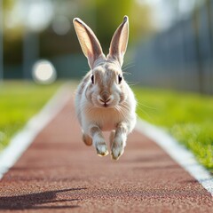 Energetic Rabbit Leaping from Starting Line on Track in Daylight