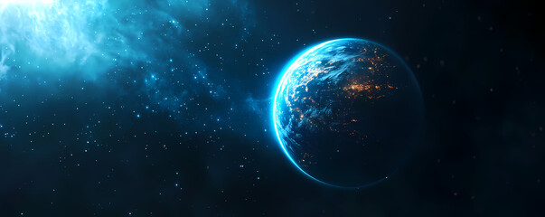 Obraz premium Blue Planet: The Earth, a stunning blue planet, floats majestically in the vastness of space, illuminated by the light of the distant stars, showcasing a view of the planet with glowing cities.