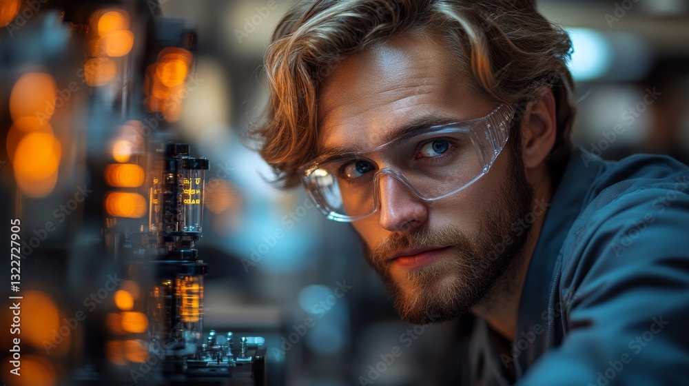 Poster a researcher investigates the principles of quantum mechanics, focusing on qubits, superposition, an