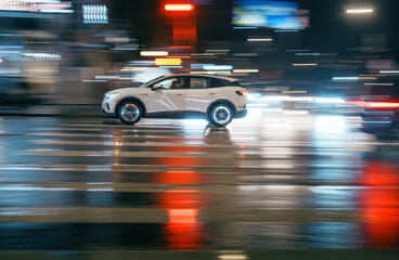 White car driving through busy wet street intersection on a rainy night. Long exposure. Bright...