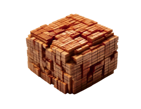Intricate wooden cube sculpture, composed of numerous small blocks.  A mesmerizing 3D texture and complex arrangement.
