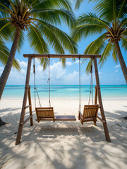 Wooden swings on a tropical beach with palm trees.