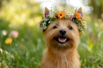 Naklejka premium Cute baby dog cairn terrier wearing feral flower crown on its head. Summertime happiness. Sunny daylight. Puppy enjoying the beauty of summer. Free-spirited dog in a sunny field.