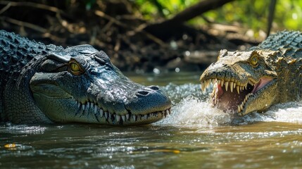 Obraz premium Two Large Crocodilians Face Each Other In Murky Water