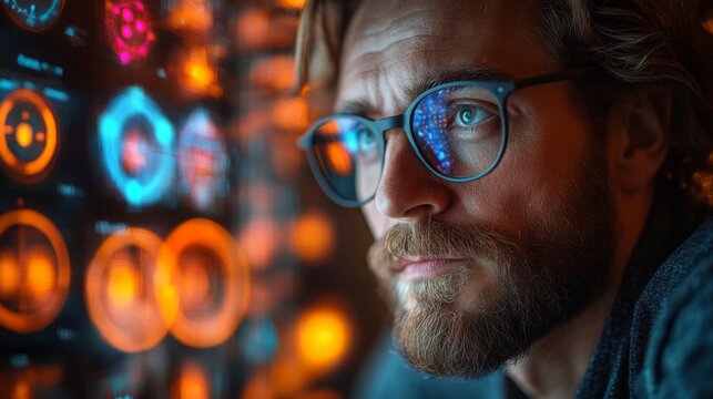 An expert examines interactive displays illustrating quantum concepts such as superposition, entanglement, and their applications in algorithm optimization amidst a high-tech setting.