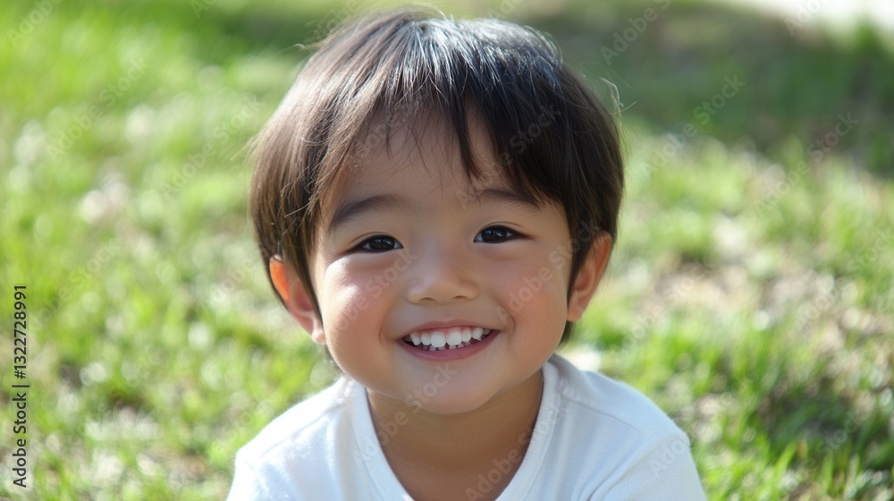 Poster Smiling child enjoying a sunny day in a park with green grass in the background
