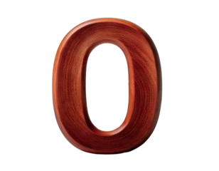A rich, darkwood number zero stands out against a stark white backdrop.  The grain of the wood is clearly visible, adding texture and warmth.