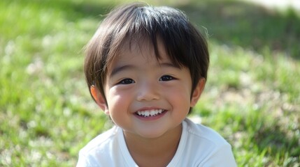 Smiling child enjoying a sunny day in a park with green grass in the background