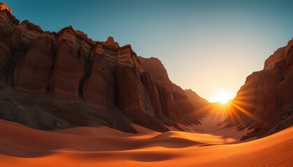 Naklejka premium Desert Canyon at Sunset Dramatic Landscape with Sand Dunes and Warm Sunlight
