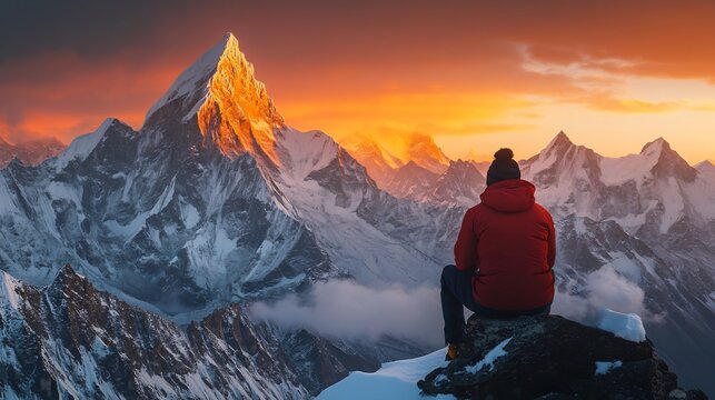 Lone traveler watching the sunrise on New Years morning from a mountain peak snow covered peaks glowing golden fresh start and adventure concept