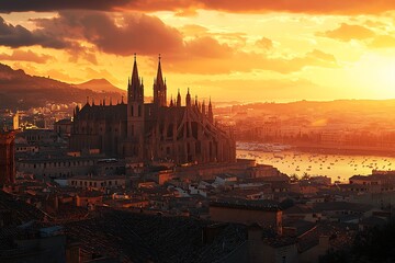 Fototapeta premium The Cathedral La Seu at Sunset in Palma de Mallorca