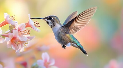 Fototapeta premium Colorful Hummingbird Hovering Near Delicate Pink Flower Petals