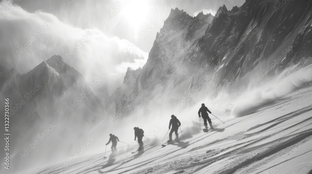 Poster a group of four skiers makes their way through deep snow while mountain peaks rise sharply in the ba