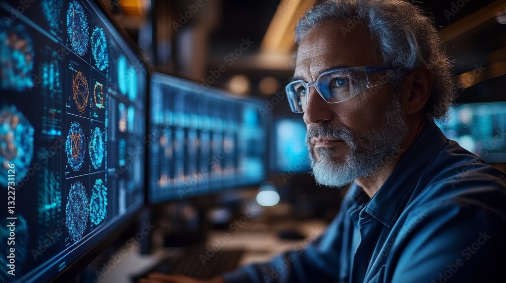 Aufkleber A researcher examines complex quantum algorithms displayed on multiple screens.