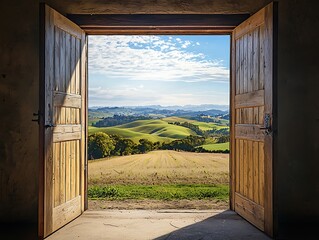 Obraz premium The view through an open door offering a glimpse rolling hills and fresh horizons