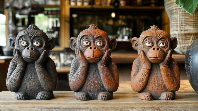 Artistic display of three monkey sculptures with distinct colors in a cozy bar setting during the daytime