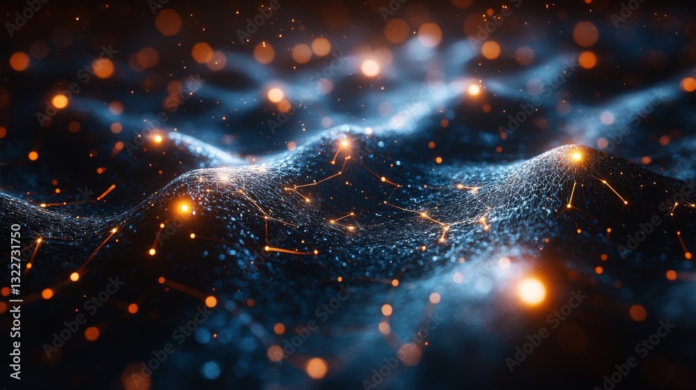 Poster Visual representation captures quantum phenomena, showcasing superposition, entanglement, and decoherence effects in a digital landscape with glowing particles and waves.