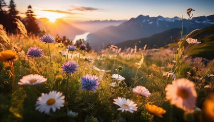 Vivid Wildflowers Blossom in a Verdant Meadow under the Soft Glow of the Setting Sun, Showcasing a Spectacle of Color and Life Amidst Natures Majesty.