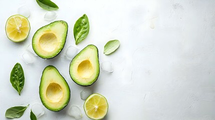 Avocado halves with lime isolated on white background