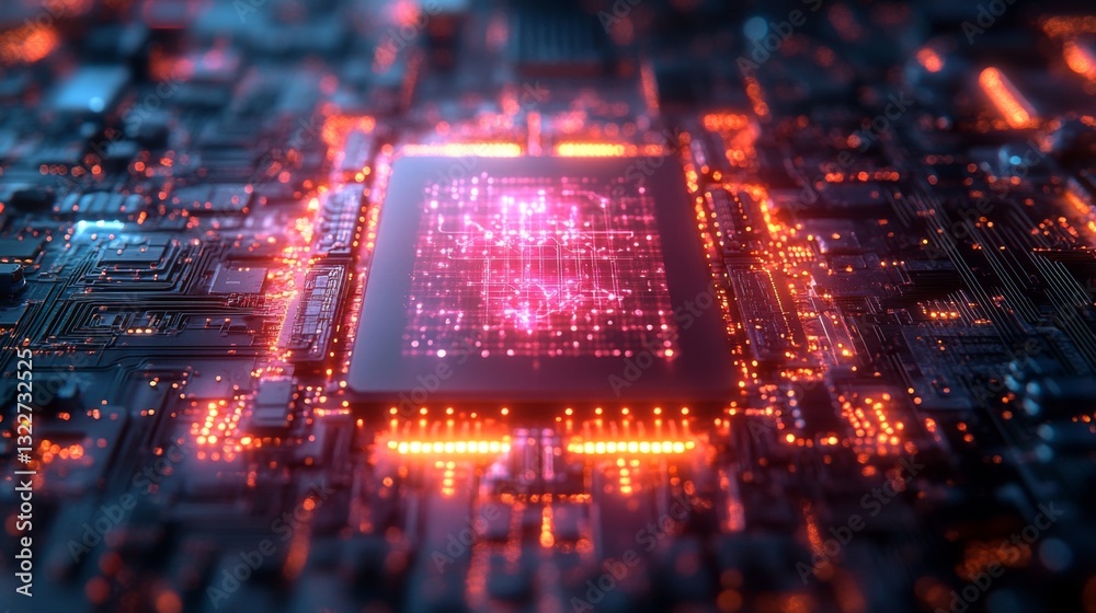 Aufkleber A quantum processor features a central chip surrounded by glowing circuits and components, illustrating the complexities of qubit operations and entanglement in technology.