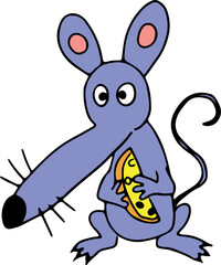 A funny blue mouse with a long nose and whiskers sits and presses a small piece of yellow cheese to his chest