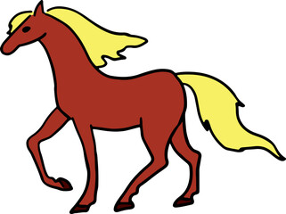 a standing brown horse with one raised hoof and a yellow mane flying in the wind side view full length