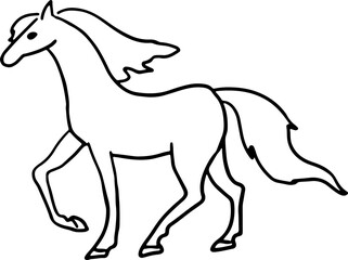 outline of a standing horse with one hoof raised and its mane flying in the wind side view full length