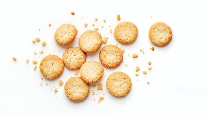 Scattered crumbs of butter cookies on white
