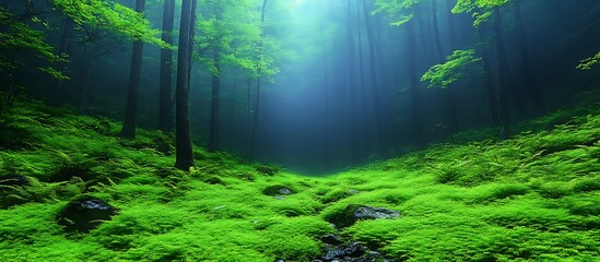 Fototapeta premium Lush Green Forest Path Mystical Fog Landscape Photo
