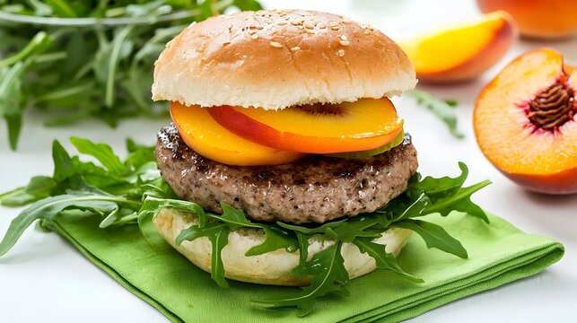 Pork burger with peach and arugula on a lime