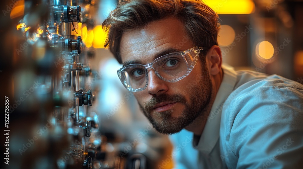 Poster a physicist dressed in a lab coat and protective glasses examines experimental equipment focused on 